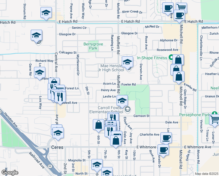map of restaurants, bars, coffee shops, grocery stores, and more near 2500 Acorn Lane in Ceres