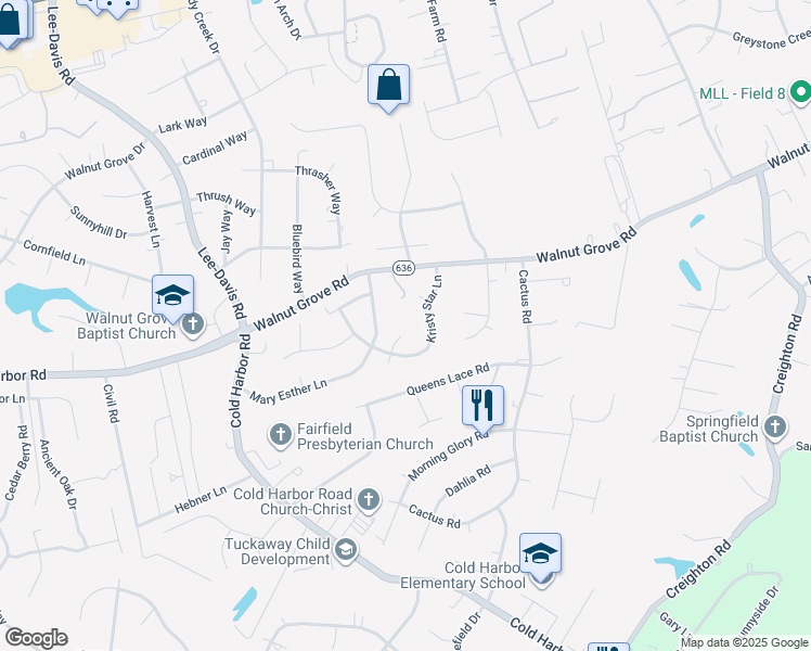 map of restaurants, bars, coffee shops, grocery stores, and more near 6350 Kristy Star Lane in Mechanicsville