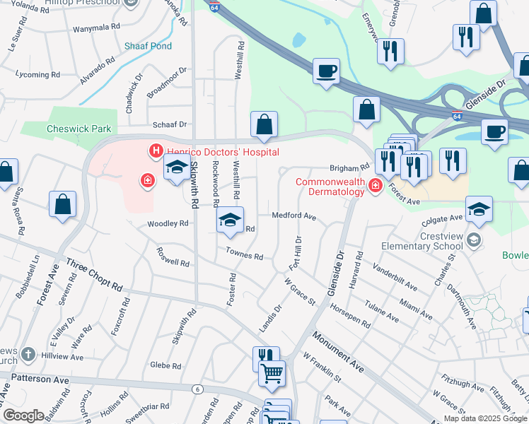 map of restaurants, bars, coffee shops, grocery stores, and more near 1605 Foster Road in Richmond