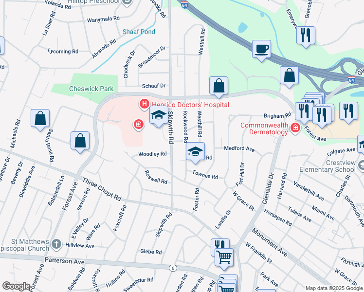 map of restaurants, bars, coffee shops, grocery stores, and more near 1524 Rockwood Road in Richmond