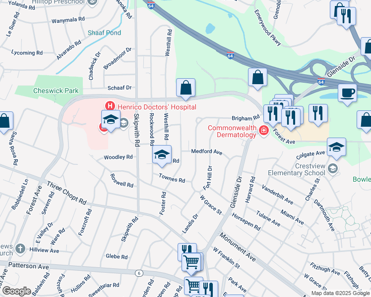 map of restaurants, bars, coffee shops, grocery stores, and more near 1605 Foster Road in Richmond