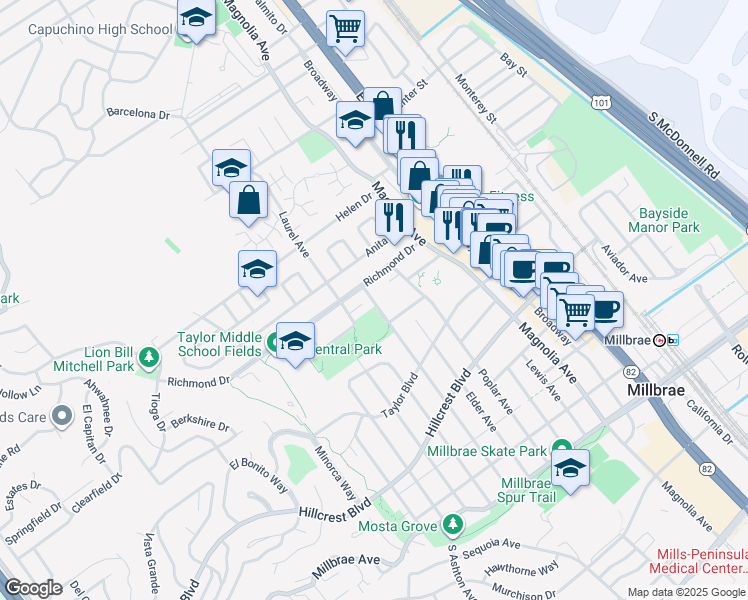 map of restaurants, bars, coffee shops, grocery stores, and more near in Millbrae