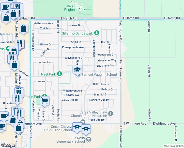 map of restaurants, bars, coffee shops, grocery stores, and more near 3788 Helen Perry Road in Ceres