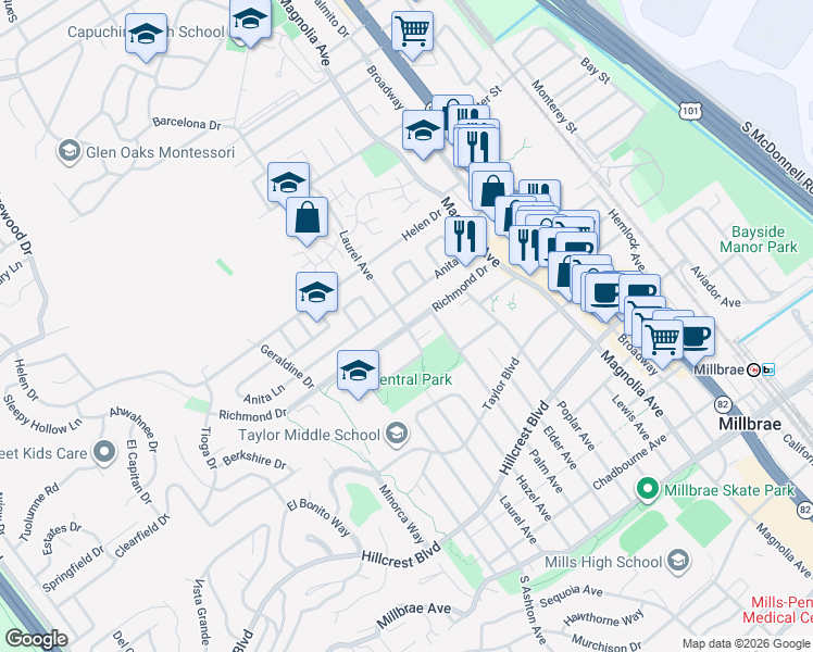 map of restaurants, bars, coffee shops, grocery stores, and more near Richmond Dr & Laurel Ave in Millbrae