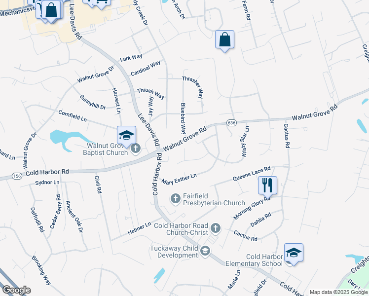 map of restaurants, bars, coffee shops, grocery stores, and more near Harbor Run Court in Mechanicsville