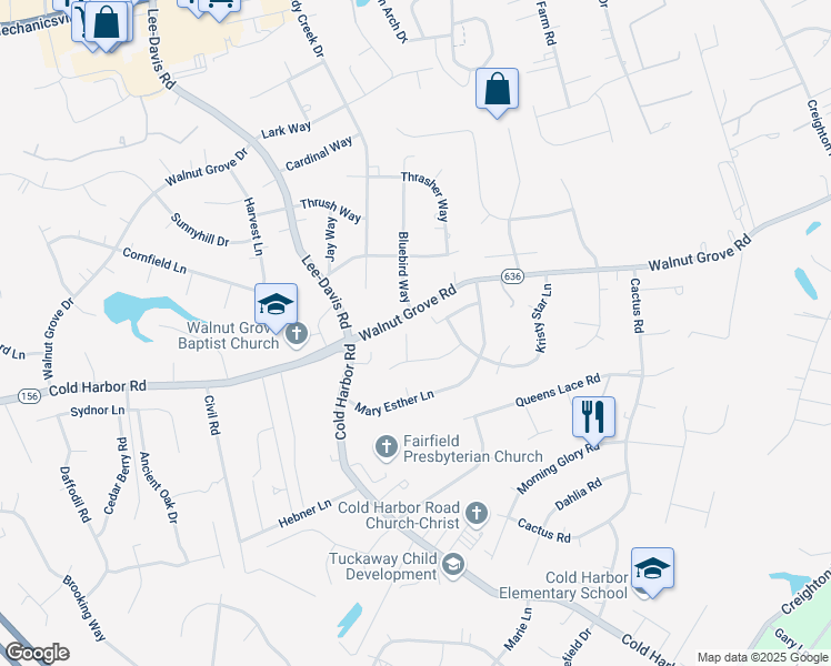 map of restaurants, bars, coffee shops, grocery stores, and more near Harbor Run Court in Mechanicsville