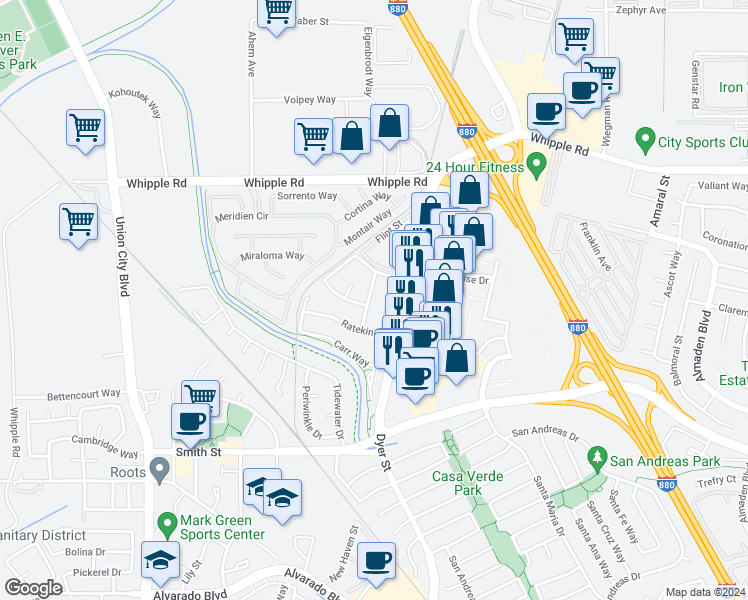 map of restaurants, bars, coffee shops, grocery stores, and more near 3142 Sugar Beet Way in Union City