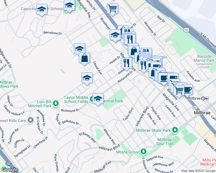 map of restaurants, bars, coffee shops, grocery stores, and more near 400 Richmond Drive in Millbrae