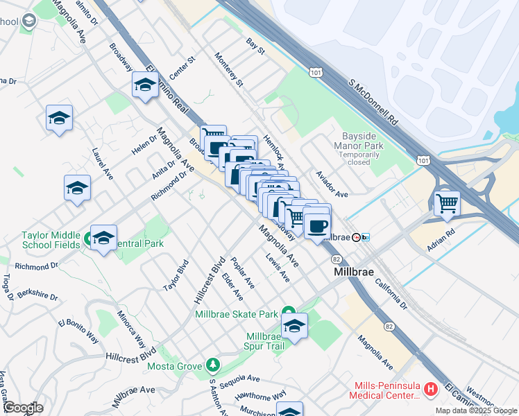 map of restaurants, bars, coffee shops, grocery stores, and more near 401 El Camino Real in Millbrae