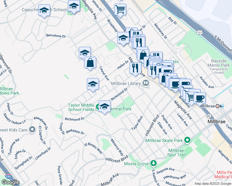map of restaurants, bars, coffee shops, grocery stores, and more near 407 Anita Drive in Millbrae