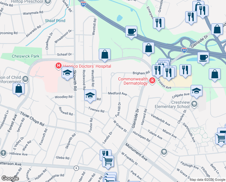 map of restaurants, bars, coffee shops, grocery stores, and more near 1603 Brigham Road in Richmond