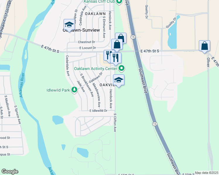 map of restaurants, bars, coffee shops, grocery stores, and more near in Wichita
