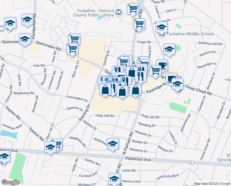 map of restaurants, bars, coffee shops, grocery stores, and more near 1420 North Parham Road in Henrico
