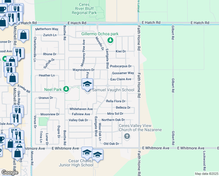 map of restaurants, bars, coffee shops, grocery stores, and more near 3810 Helen Perry Road in Ceres