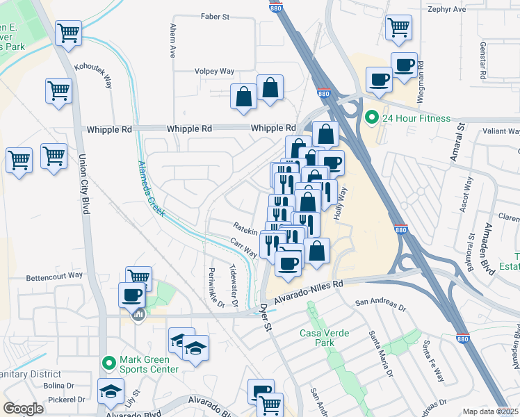 map of restaurants, bars, coffee shops, grocery stores, and more near 3138 Sugar Beet Way in Union City