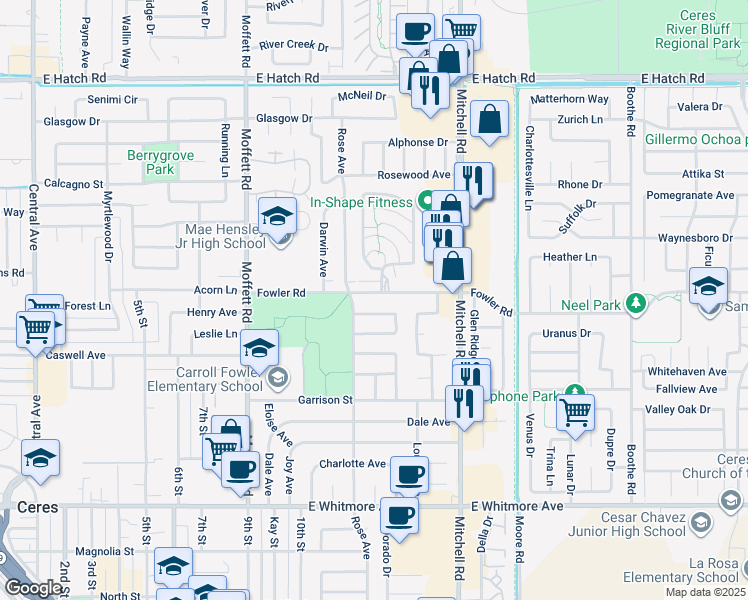 map of restaurants, bars, coffee shops, grocery stores, and more near 2812 Fowler Road in Ceres