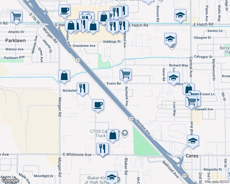 map of restaurants, bars, coffee shops, grocery stores, and more near 1842 Herndon Avenue in Modesto
