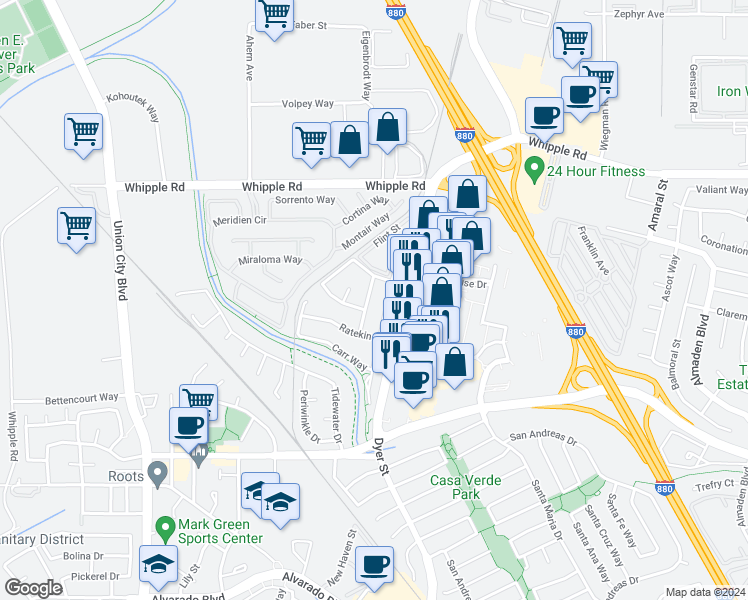 map of restaurants, bars, coffee shops, grocery stores, and more near 3138 Sugar Beet Way in Union City