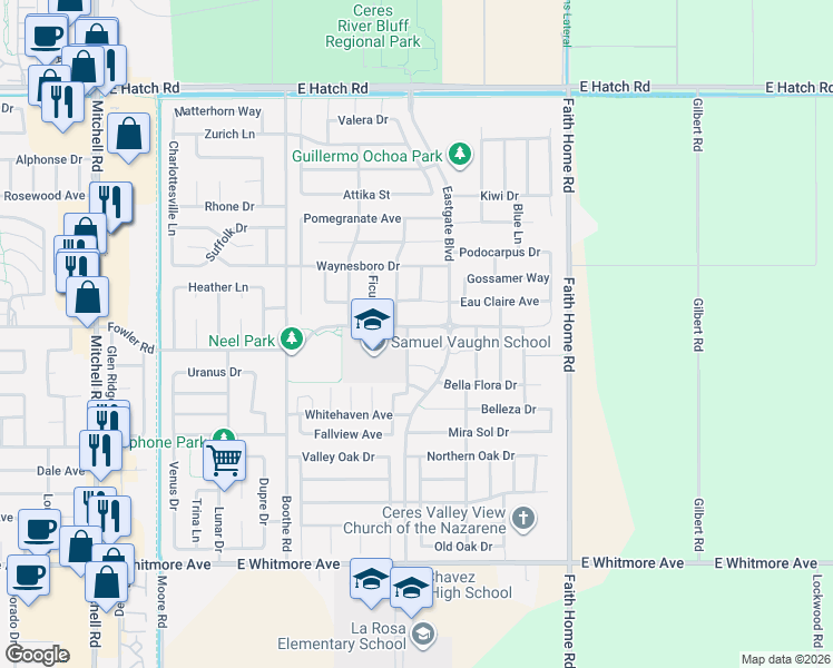 map of restaurants, bars, coffee shops, grocery stores, and more near 1900 Liquidambar Lane in Ceres