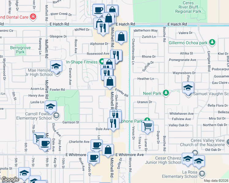 map of restaurants, bars, coffee shops, grocery stores, and more near in Ceres
