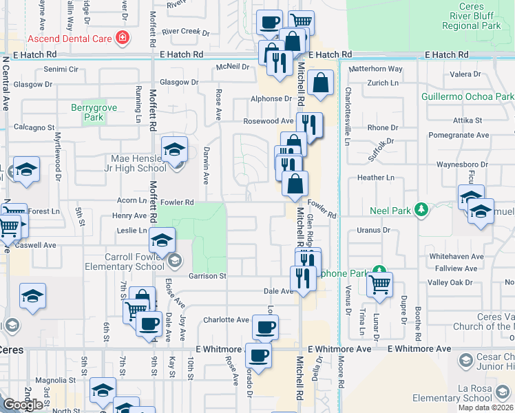 map of restaurants, bars, coffee shops, grocery stores, and more near 2841 Fowler Road in Ceres