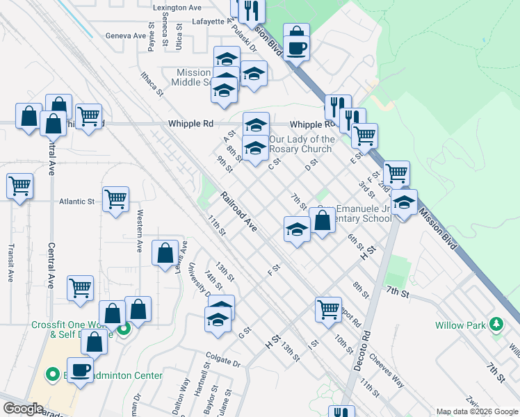 map of restaurants, bars, coffee shops, grocery stores, and more near 33369 9th Street in Union City