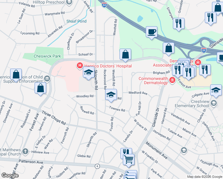 map of restaurants, bars, coffee shops, grocery stores, and more near 1611 Westhill Road in Richmond