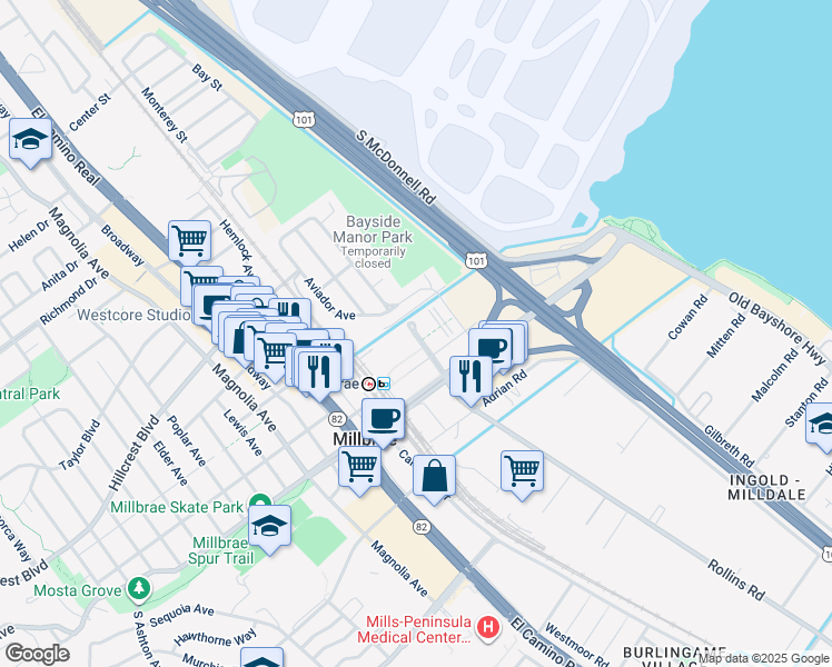 map of restaurants, bars, coffee shops, grocery stores, and more near 181 North Rollins Road in Millbrae