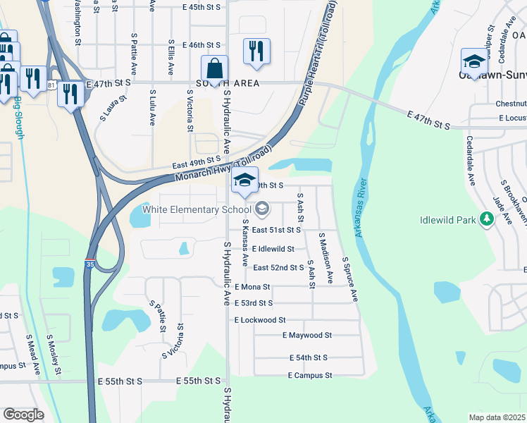 map of restaurants, bars, coffee shops, grocery stores, and more near 5148 South Kansas Street in Wichita