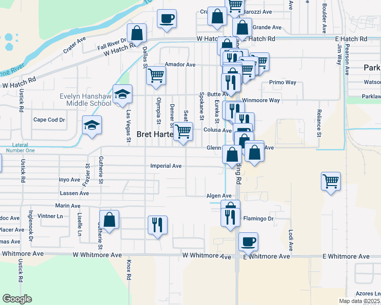 map of restaurants, bars, coffee shops, grocery stores, and more near 320 Glenn Avenue in Modesto
