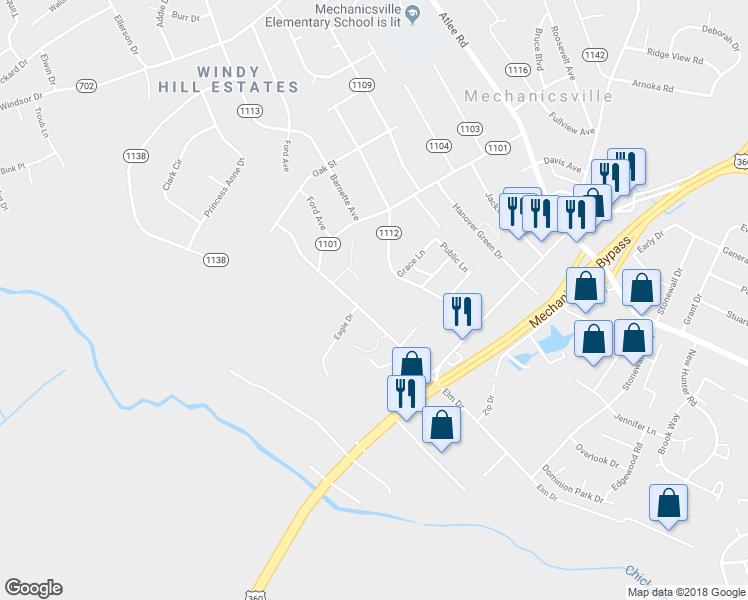 map of restaurants, bars, coffee shops, grocery stores, and more near 8162 Elm Drive in Mechanicsville