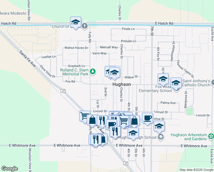 map of restaurants, bars, coffee shops, grocery stores, and more near 6812 Fox Road in Hughson