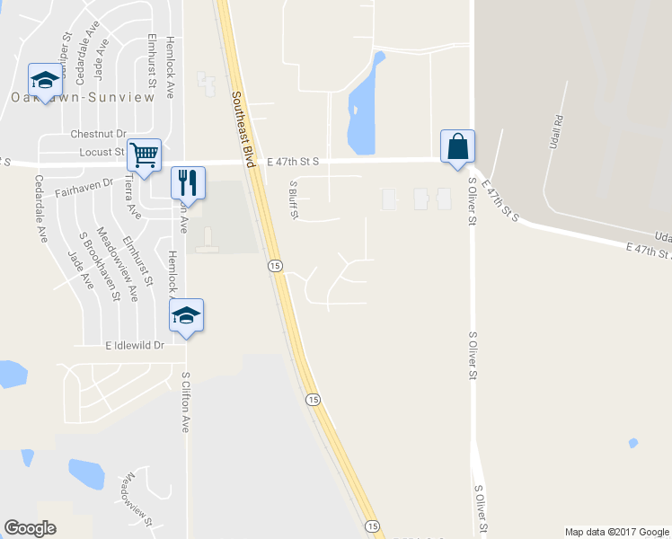 map of restaurants, bars, coffee shops, grocery stores, and more near 5009 South Broadview Street in Wichita