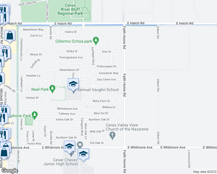 map of restaurants, bars, coffee shops, grocery stores, and more near 1912 Altessa Lane in Ceres
