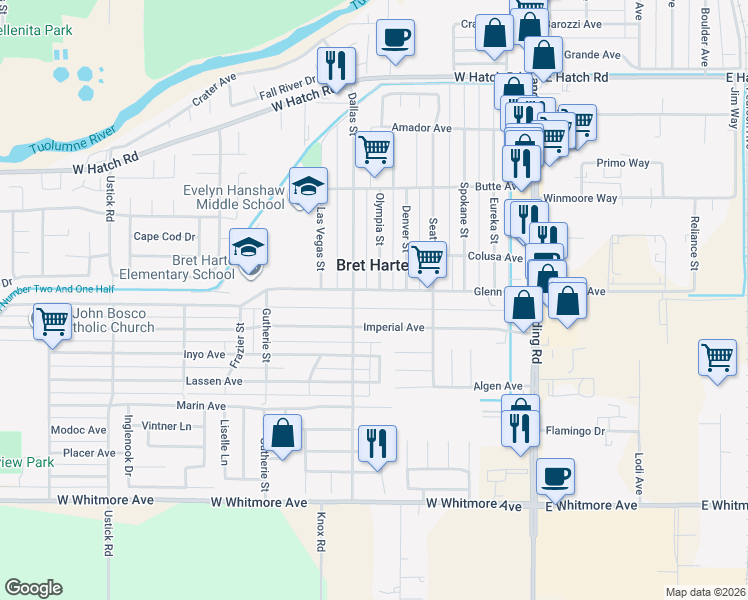map of restaurants, bars, coffee shops, grocery stores, and more near 604 Glenn Avenue in Modesto