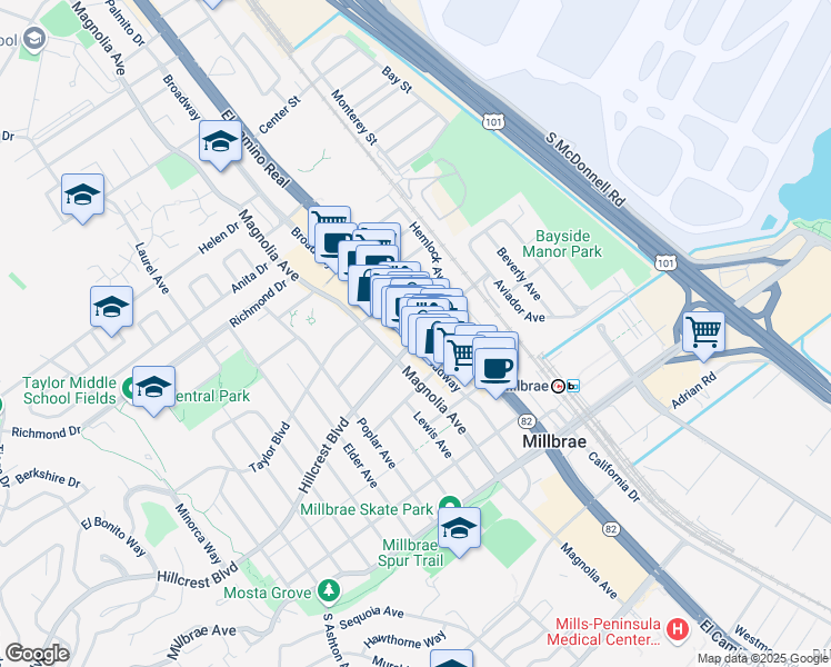 map of restaurants, bars, coffee shops, grocery stores, and more near 401 El Camino Real in Millbrae