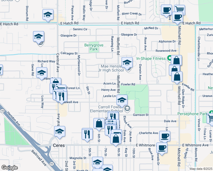 map of restaurants, bars, coffee shops, grocery stores, and more near 2500 Acorn Lane in Ceres