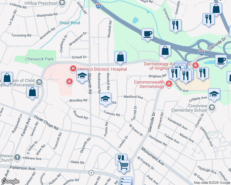 map of restaurants, bars, coffee shops, grocery stores, and more near 1605 Foster Road in Richmond