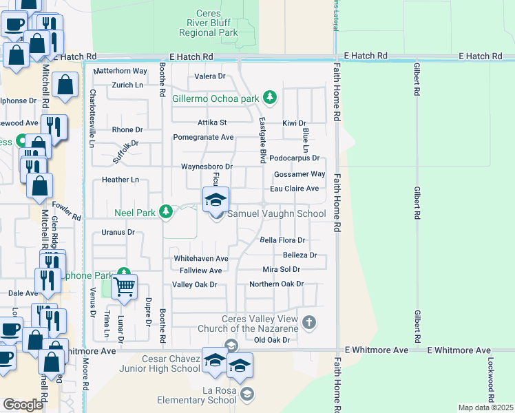 map of restaurants, bars, coffee shops, grocery stores, and more near 3788 Helen Perry Road in Ceres