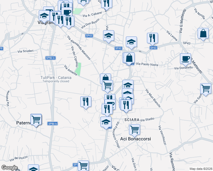 map of restaurants, bars, coffee shops, grocery stores, and more near 82 Via Vittorio Veneto in Aci Bonaccorsi