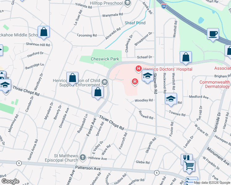 map of restaurants, bars, coffee shops, grocery stores, and more near 1500 Honey Grove Drive in Henrico