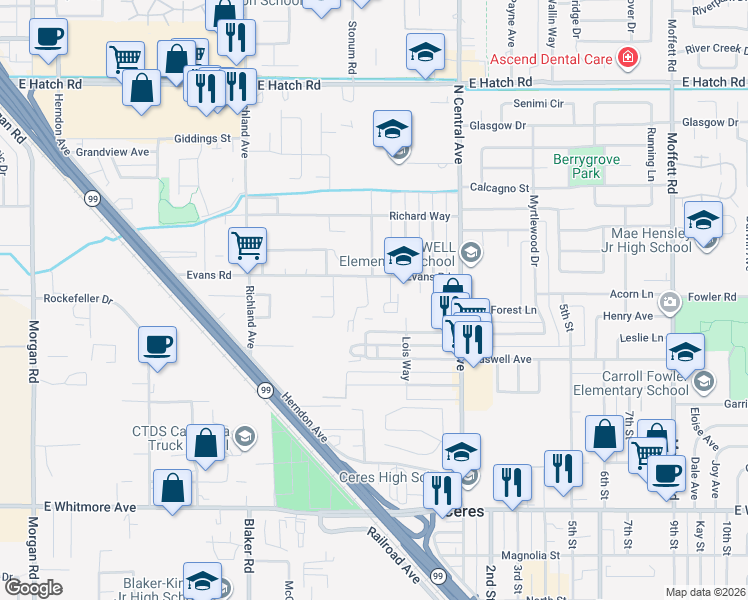 map of restaurants, bars, coffee shops, grocery stores, and more near 1948 Evans Road in Ceres