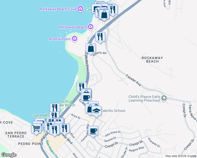 map of restaurants, bars, coffee shops, grocery stores, and more near 423 Roberts Road in Pacifica