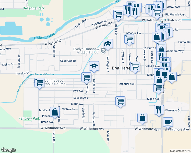 map of restaurants, bars, coffee shops, grocery stores, and more near 840 Glenn Avenue in Modesto