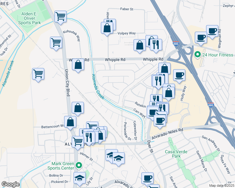 map of restaurants, bars, coffee shops, grocery stores, and more near 30580 Meridien Circle in Union City