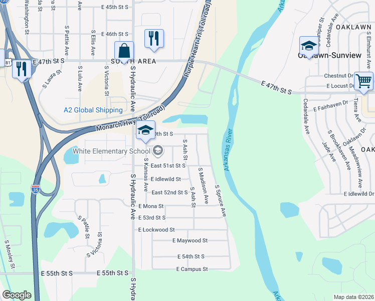 map of restaurants, bars, coffee shops, grocery stores, and more near 5138 South Ash Street in Wichita