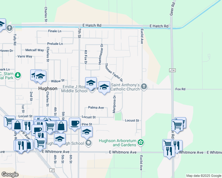 map of restaurants, bars, coffee shops, grocery stores, and more near 7600 Fox Road in Hughson