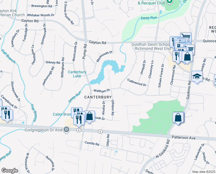 map of restaurants, bars, coffee shops, grocery stores, and more near 1400 Giltspur Road in Richmond