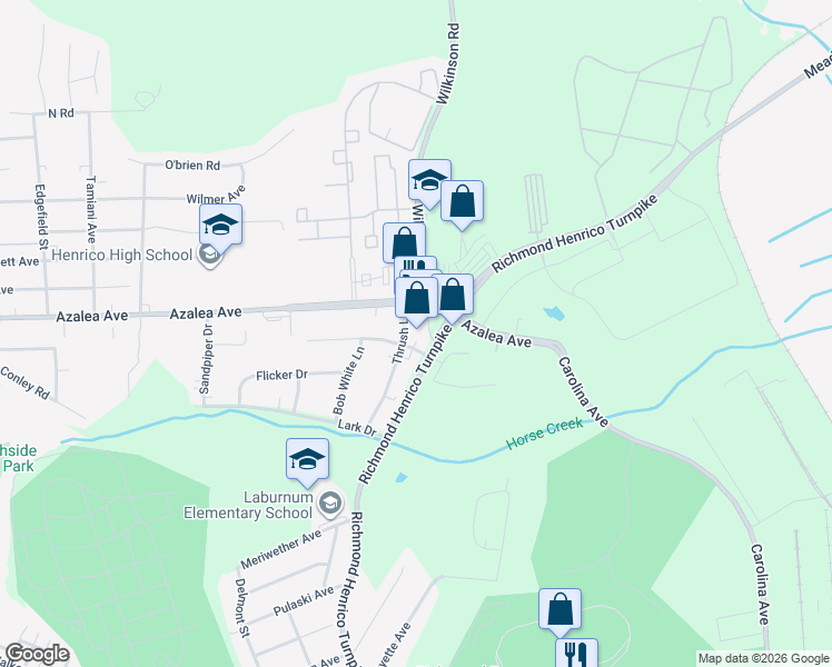 map of restaurants, bars, coffee shops, grocery stores, and more near 5103 Thrush Lane in Richmond