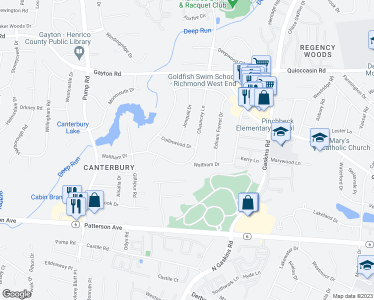 map of restaurants, bars, coffee shops, grocery stores, and more near 10303 Collinwood Drive in Richmond
